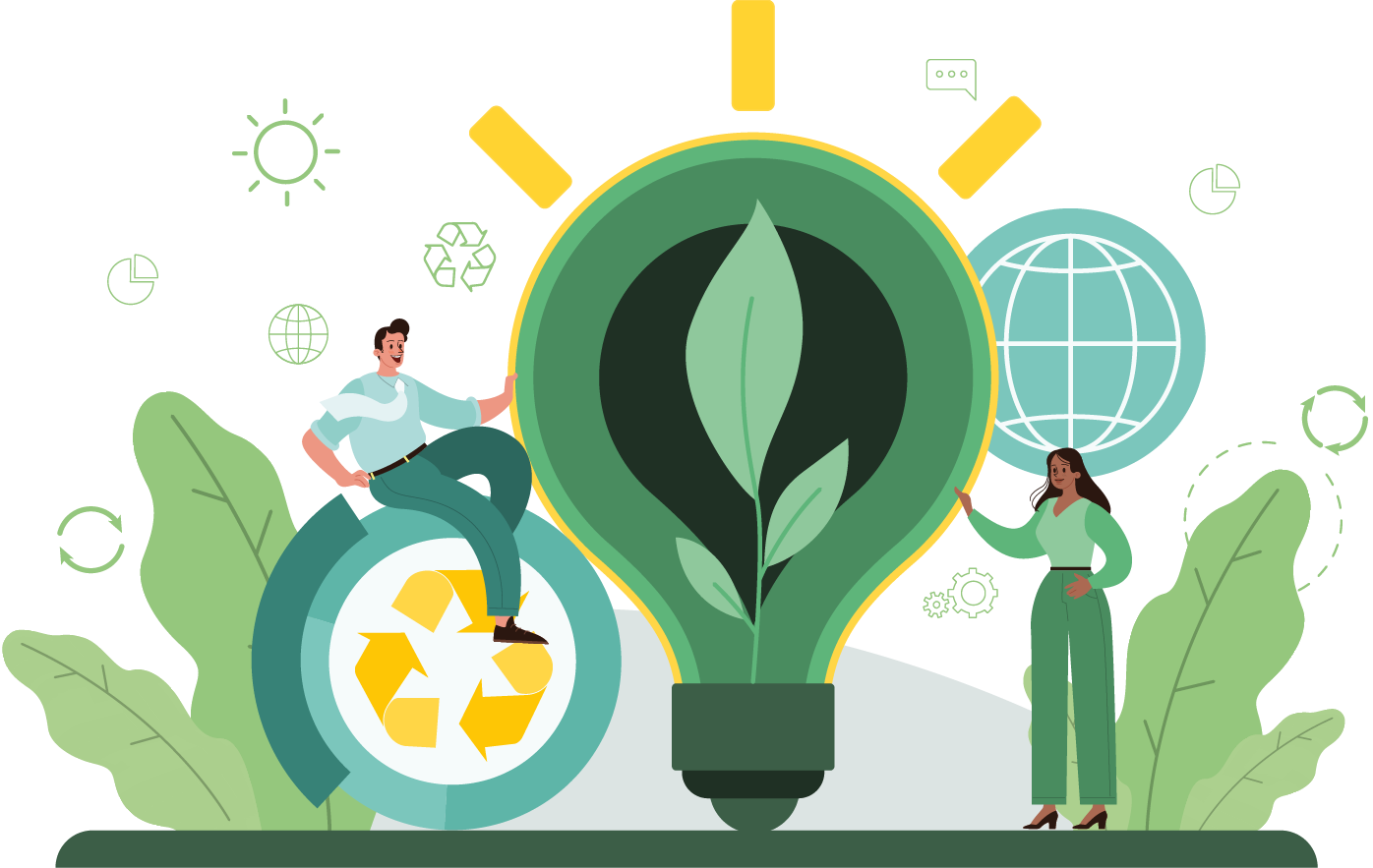 Light bulb with green leaf symbolising green ideas, recycling logo and two people interacting.